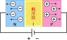 圖 - 反向電壓：接合P層和N層，則空穴與電子結合，在界面形成電氣特性為中性的耗盡層。