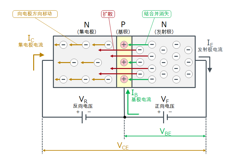 晶体管工作示意图（NPN型）